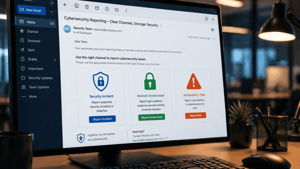 Closeup of a corporate email displayed on a computer screen in a modern office setting. The email features icons representing clear reporting channels for cybersecurity issues, including a shield, lock, and alert symbols.