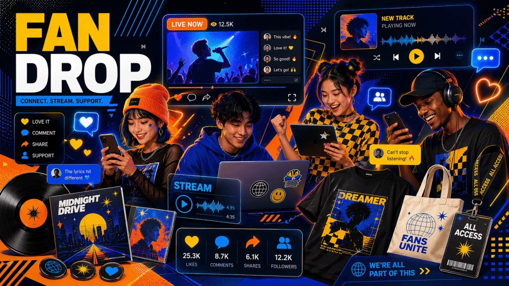 Fans engaging on social media and streaming with posters, albums, and merchandise.