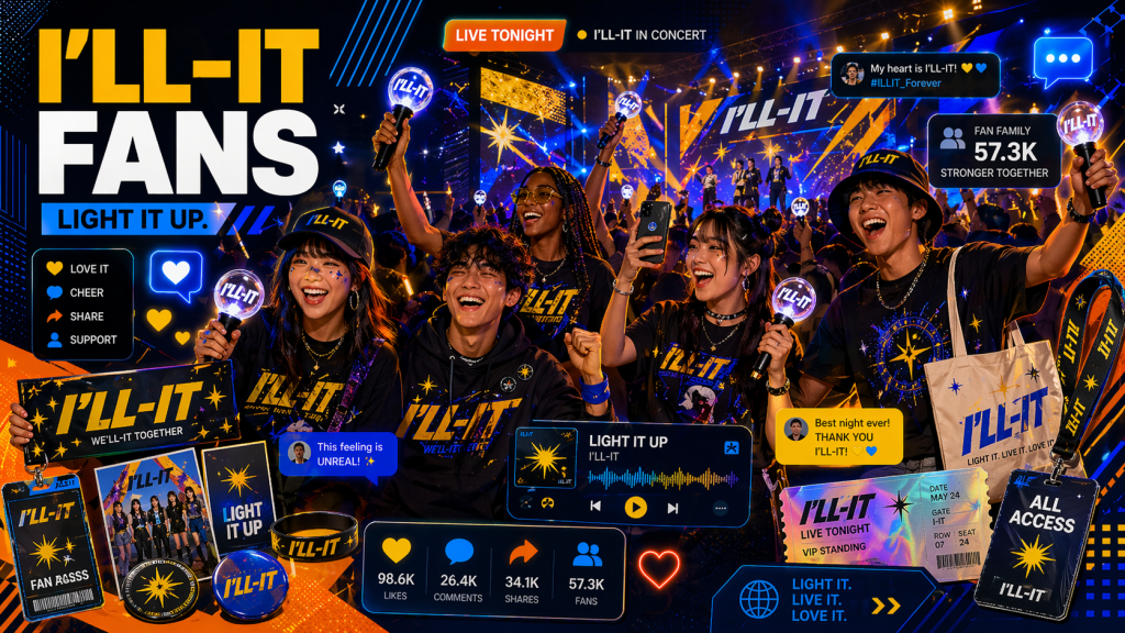 I’LL-IT fans wearing merch, holding lightsticks, and enjoying a concert. 