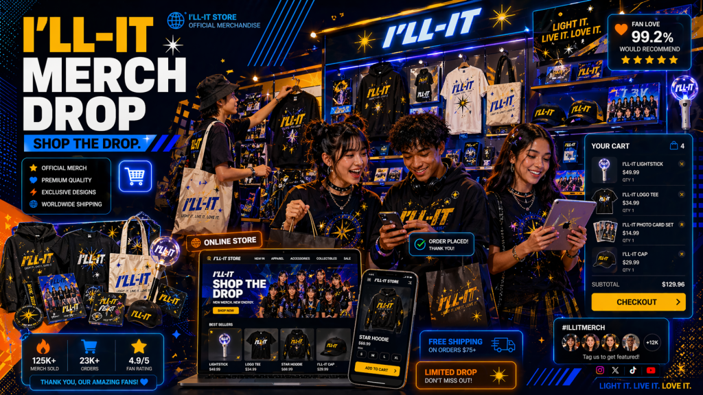 I'LL-IT merchandise is displayed and fans are shown purchasing shopping bags and the online store.