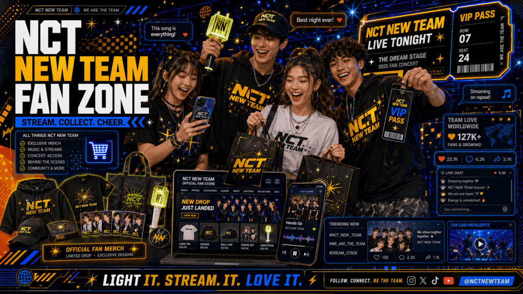Ultimate NCT New Team fan with merch, streaming, concert ticket, capturing fandom essence.