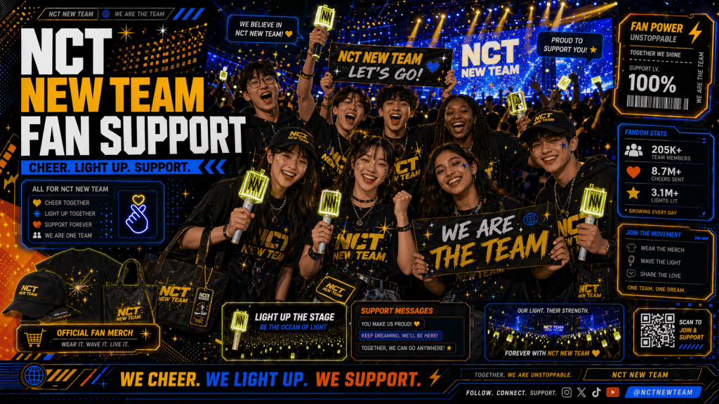 Fans in NCT New Team merch, with banners, lightsticks, concert background, showing support.