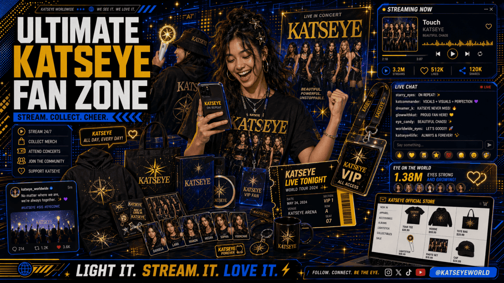 Ultimate KATSEYE fan surrounded by merch, streaming, concert ticket, capturing fandom essence.