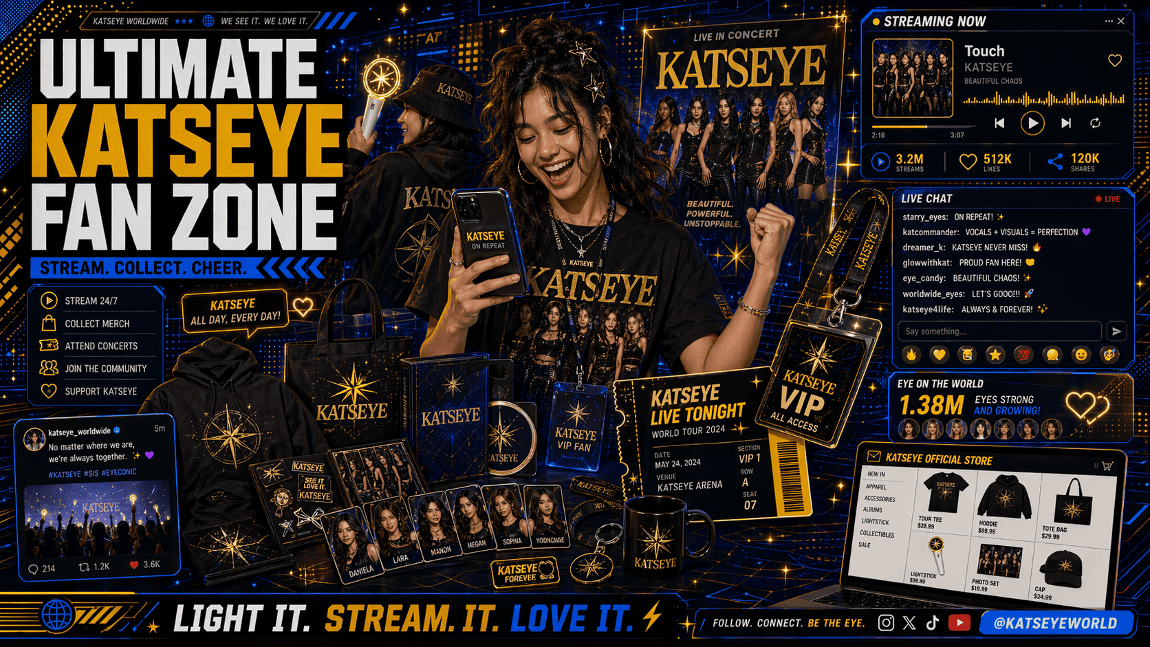 Ultimate KATSEYE fan surrounded by merch, streaming, concert ticket, capturing fandom essence.