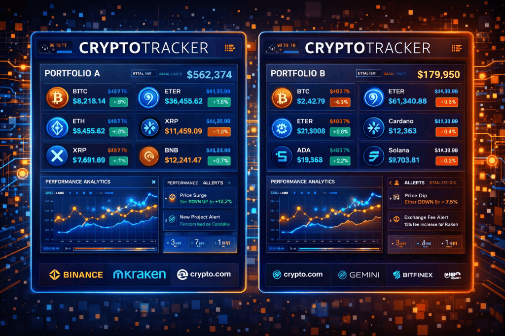 Side-by-side cryptocurrency tracker interfaces showing portfolio analytics, alerts, and performance charts.