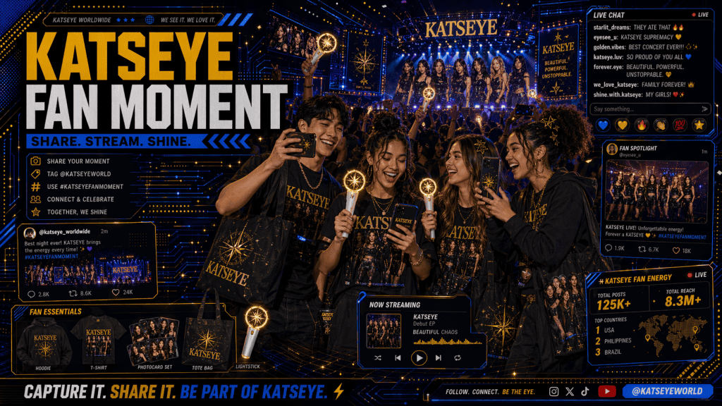 KATSEYE fans with merch, lightsticks, sharing on social media, concert backdrop.