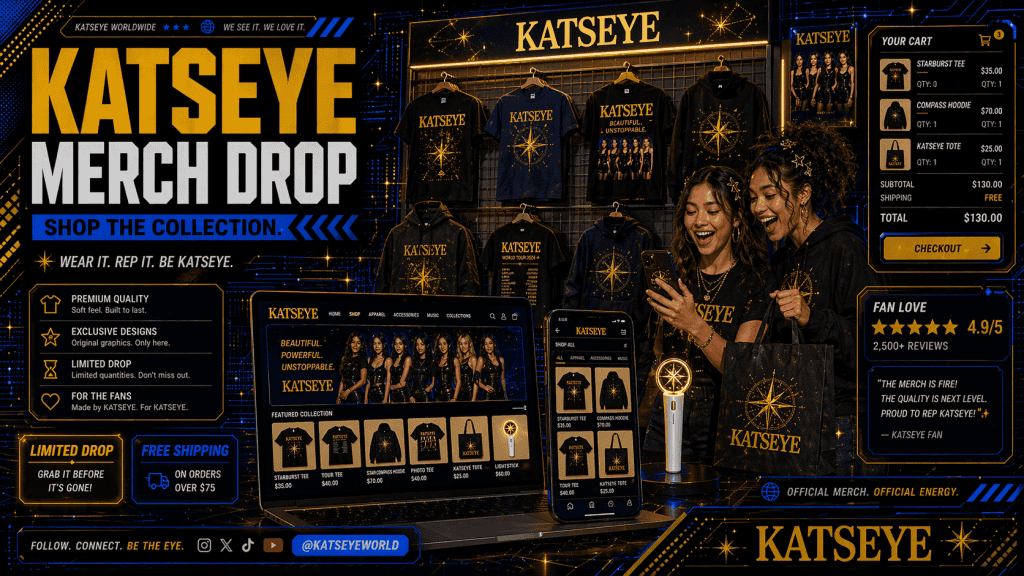 KATSEYE merch display with t-shirts, hoodies, fan shopping bag, online store.