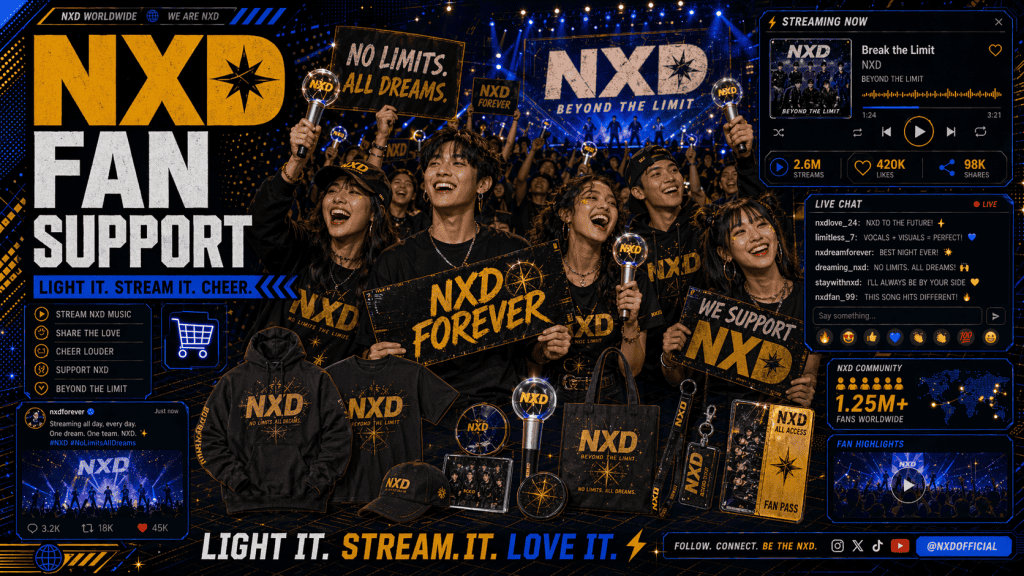 Fans supporting NXD wearing merch with lightsticks banners streaming music