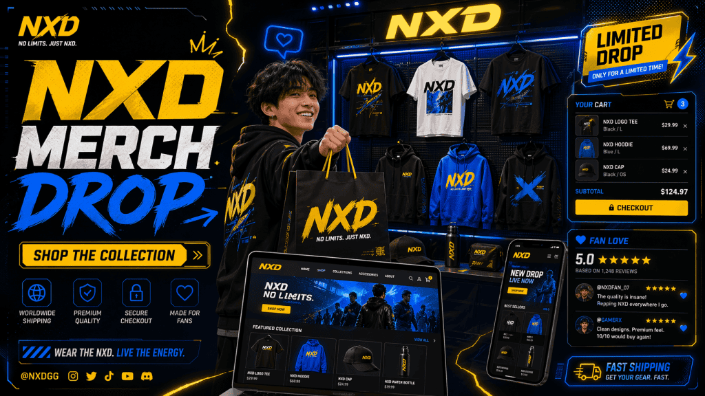 NXD merchandise display with fan holding bag and online store