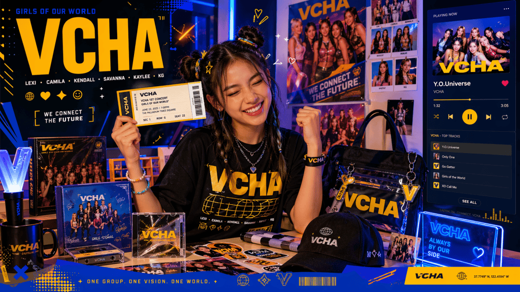 A VCHA fan surrounded by posters, albums, merch, streaming music, and holding a concert ticket.
