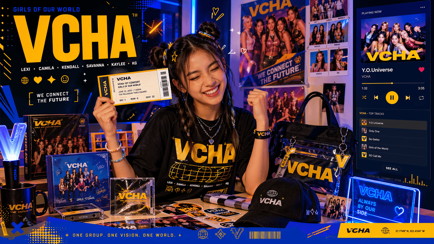 A VCHA fan surrounded by posters, albums, merch, streaming music, and holding a concert ticket.