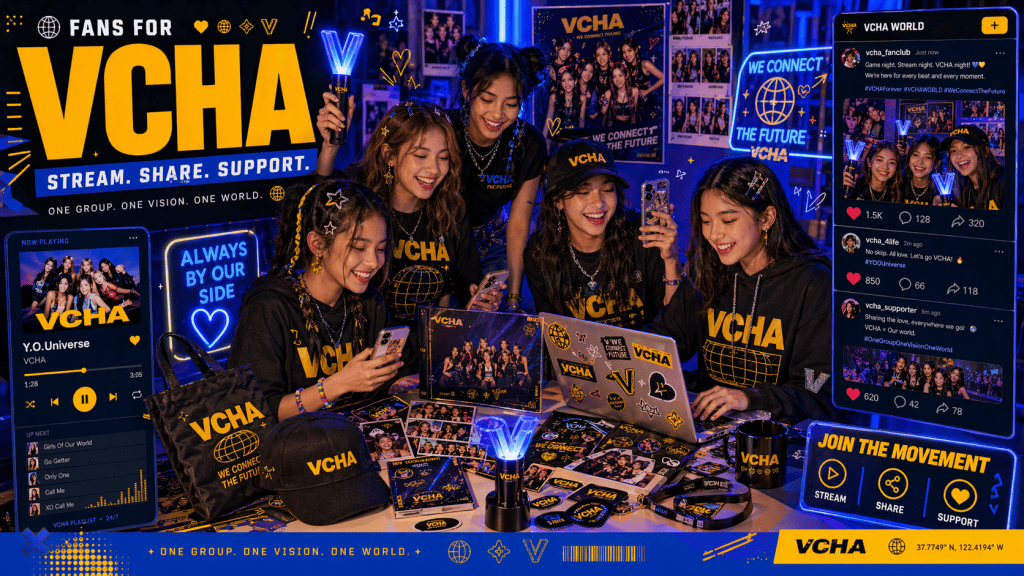 Fans supporting VCHA by wearing merch, holding lightsticks, streaming music, and sharing posts online.
