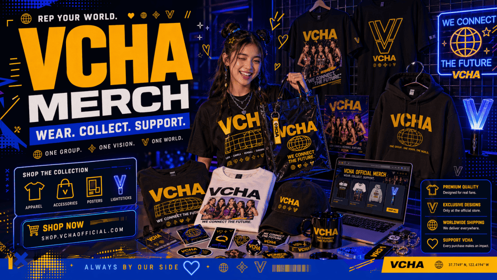 VCHA merchandise display with t-shirts, hoodies, posters, a fan holding a shopping bag, and laptop.