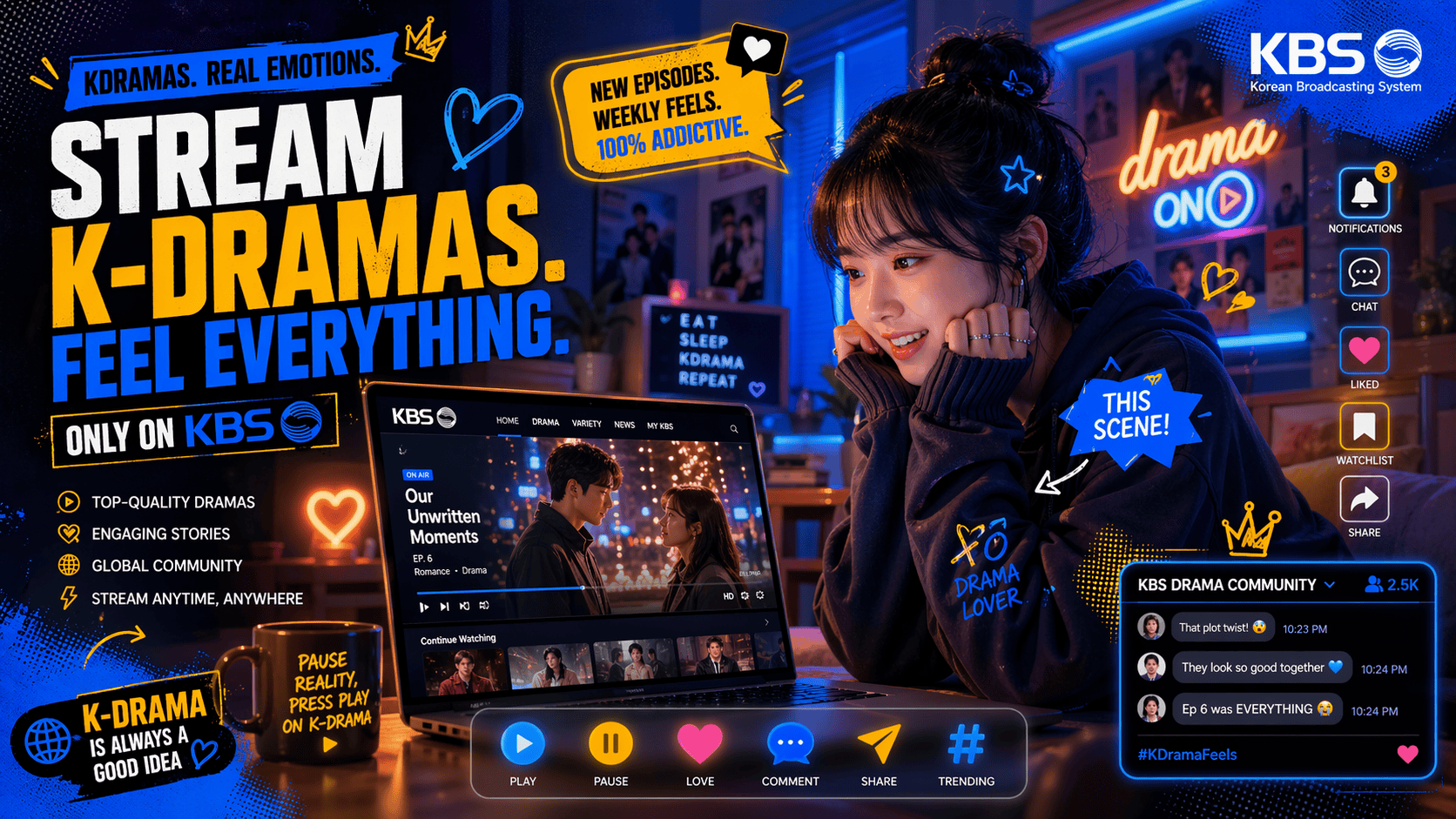 Person streaming KBS K-drama on laptop with platform icons