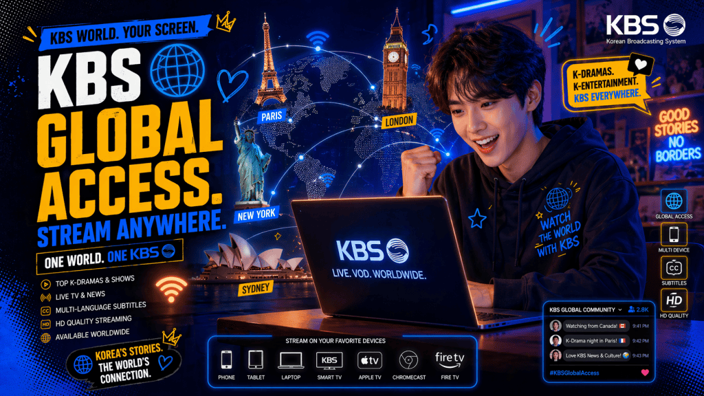 Person with laptop KBS logo global access landmarks Wi-Fi