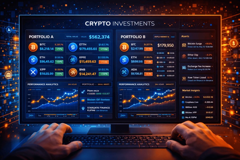 Investor reviewing multi-exchange crypto holdings on desktop with live market data.