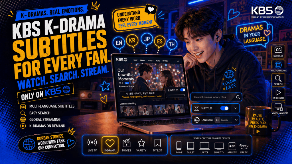 Person with laptop KBS K-drama subtitles language icons search icon