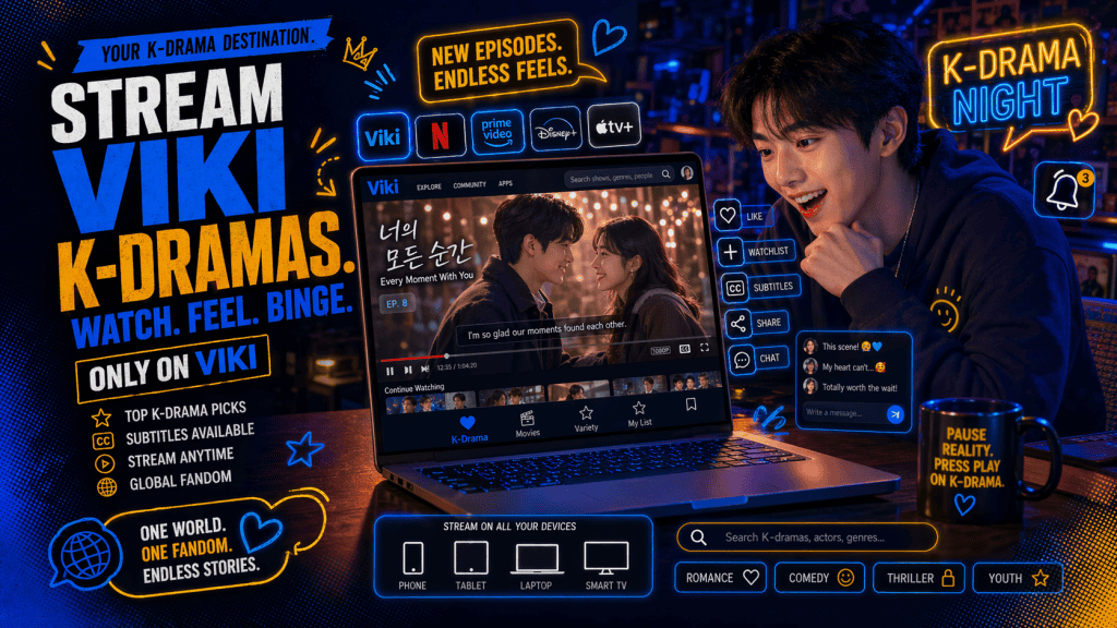 Person streaming Viki K-drama on laptop, surrounded by streaming platform icons.