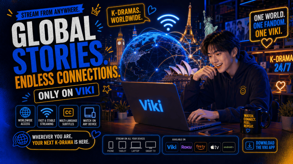 Person at desk with Viki logo laptop, landmarks, globe, and Wi-Fi icon.