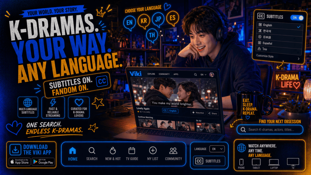 Person at desk with Viki K-drama laptop, subtitle options, language, and search icons.