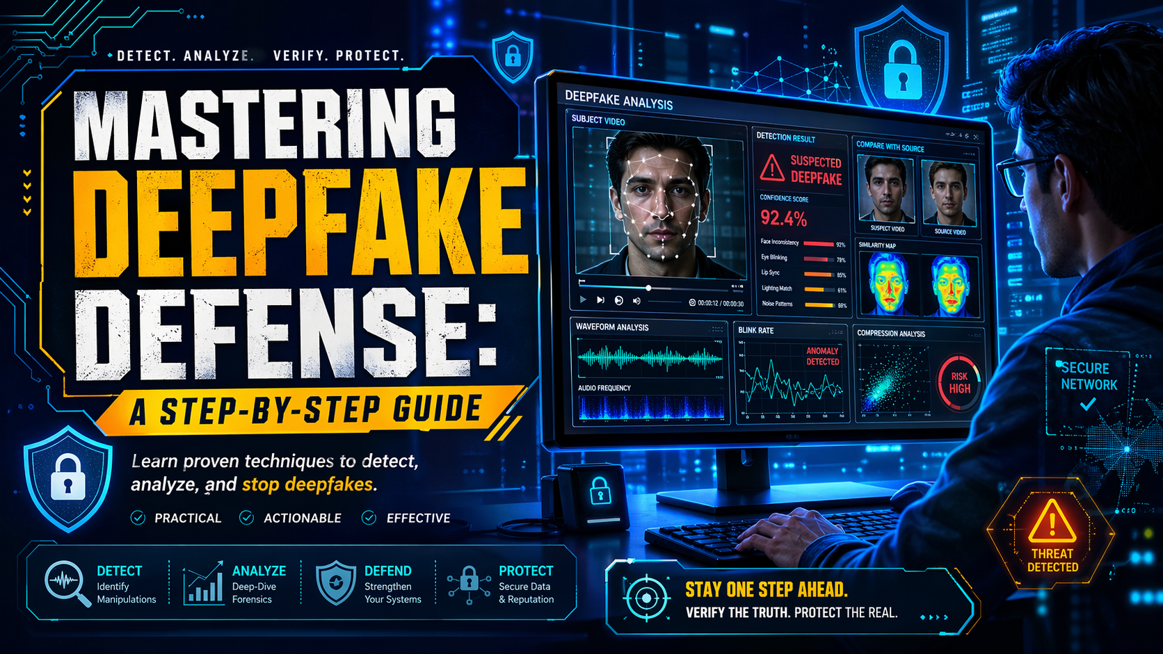 A dynamic 16x9 image for "Mastering Deepfake Defense: A Step-by-Step Guide" featuring a person working on a computer displaying a deepfake video analysis. The scene is surrounded by cybersecurity icons like locks and shields, with a tech-themed background in blue and green tones.