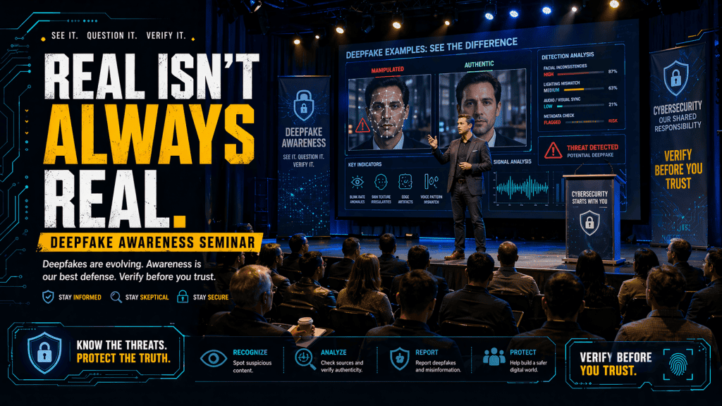 A public seminar about the dangers of deepfakes. A speaker stands on stage with a large screen behind them showing deepfake examples. The audience watches attentively, seated in a well-lit seminar hall. The background includes banners about cybersecurity. The lighting is warm with spotlights creating high contrast, giving a professional and cinematic atmosphere. The scene is realistic with detailed audience reactions, a professional stage setup, and impactful visual aids.