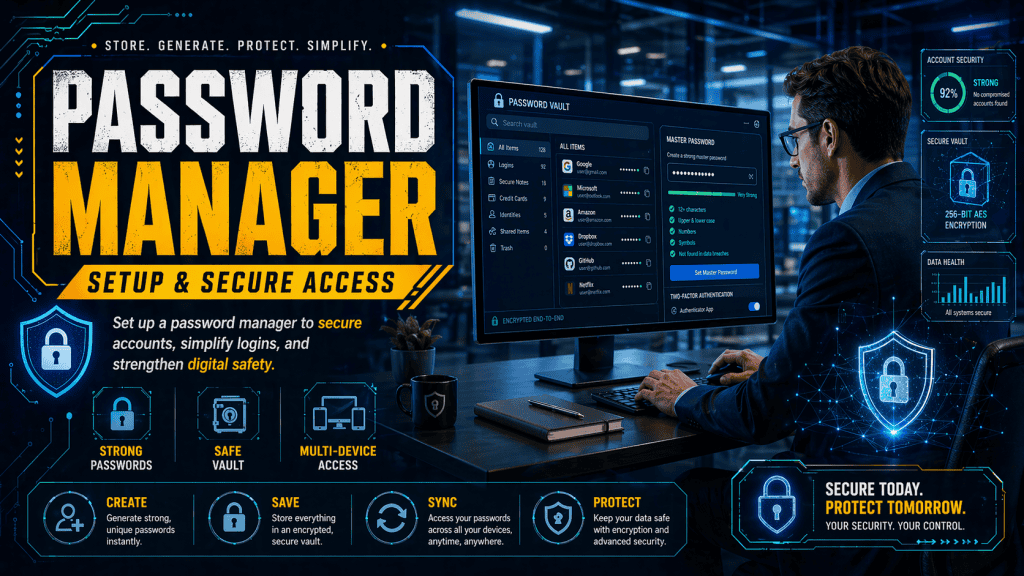 A modern office with an employee setting up a password manager on their computer. The employee is wearing professional attire and has a focused expression. The office background includes sleek furniture and digital security monitors. The lighting is bright and clean, with cool tones. The scene captures a high-tech atmosphere with detailed tech devices and a natural look.