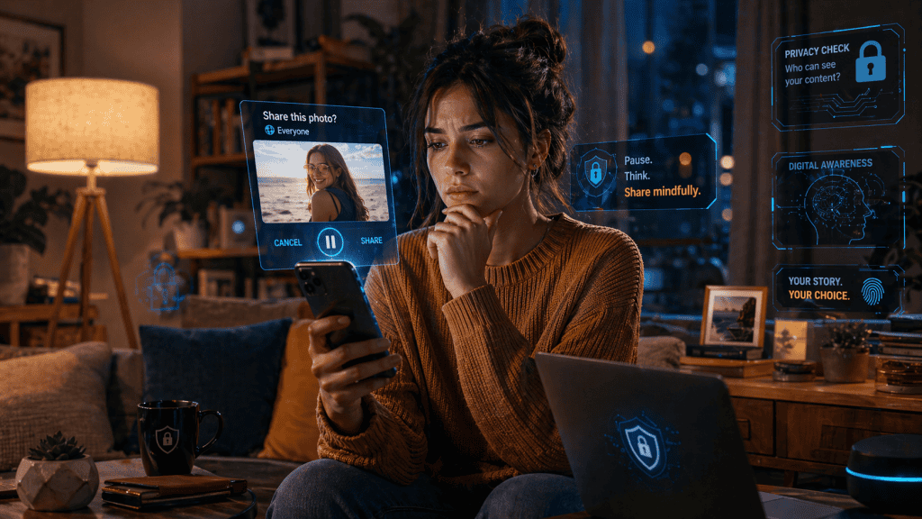 A person with a thoughtful expression is reconsidering sharing a photo of themselves online, holding a smartphone in a cozy living room. The background features personal items, modern decor, and digital devices. The room is lit with warm and soft lighting, using natural tones, creating a comfortable and inviting atmosphere. The scene captures a realistic home environment with detailed tech devices and modern home aesthetics, evoking a sense of introspection and personal interaction.