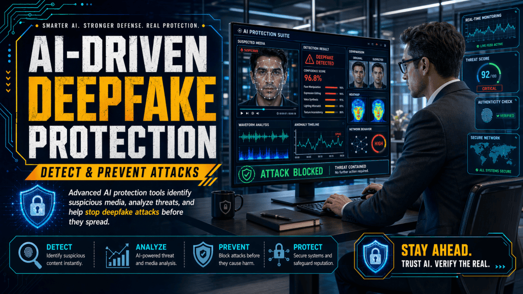 A cybersecurity expert demonstrating AI-driven protection software that detects and prevents deepfake attacks. The expert, focused, is using a computer with advanced software open. The background includes sleek office furniture and digital security monitors. The scene has bright, clean lighting with neutral tones, creating a high-tech atmosphere in a realistic office environment.