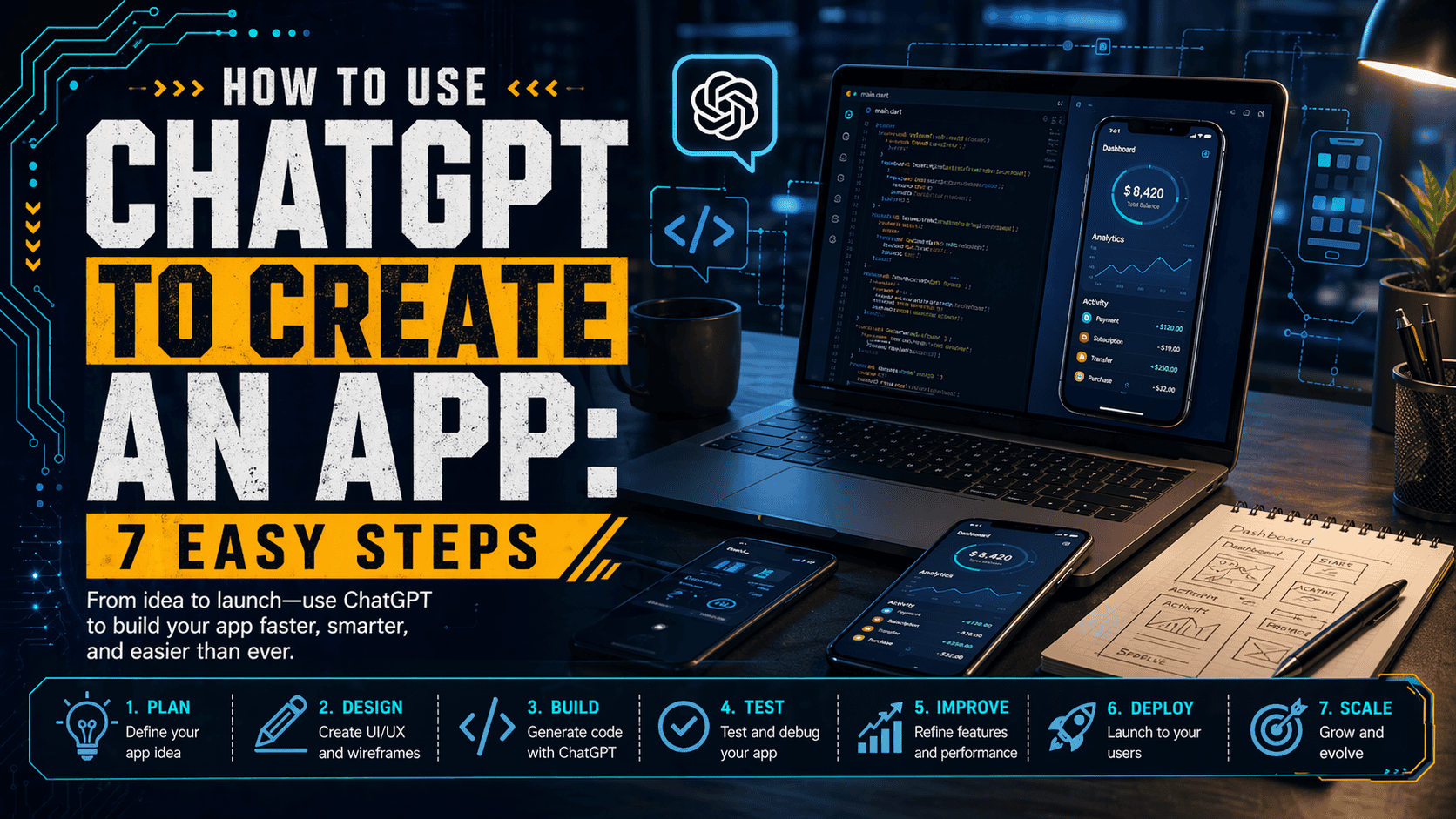 A sleek and professional featured image for an article titled "How to Use ChatGPT to Create an App: 7 Easy Steps." The image depicts a modern workspace with a laptop displaying code, a smartphone, and a notepad with hand-drawn app design sketches. The background includes subtle tech-related icons and graphics, with a clear, readable title text overlay. The overall style conveys a tech-savvy and innovative vibe.