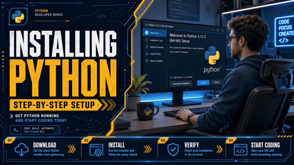 A 3D render of a developer installing Python on a computer. The developer, in a relaxed pose, is viewed from a straight-on angle in a minimalist office background. The background includes a large monitor displaying Python installation steps, a potted plant, and an ergonomic chair. The scene features cool tones, soft ambient lighting, and highlights on the monitor screen, with clean lines, realistic textures, and a natural, tech-savvy feel in a contemporary design.