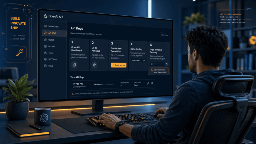 A 3D render of a developer navigating the OpenAI API section in a relaxed pose at a straight-on angle. The minimalist office background features a large monitor displaying API key generation steps, a potted plant, and an ergonomic chair. The scene uses cool tones and soft ambient lighting with highlights on the monitor screen. The design is clean with realistic textures, HD quality, and a contemporary, tech-savvy feel.