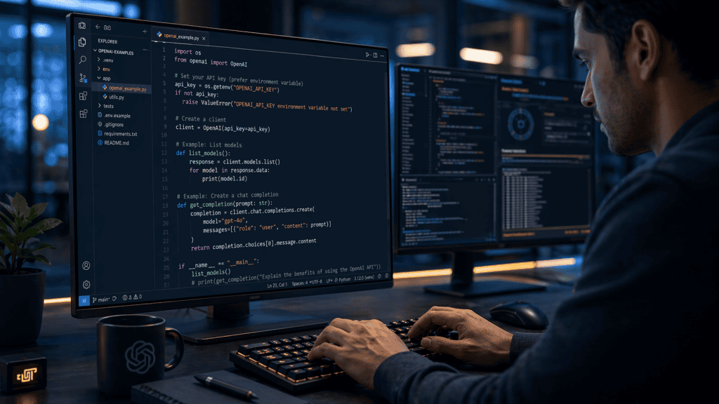 A photorealistic image of a modern office setting with a close-up view of a developer's hands typing on a keyboard. The code editor on the screen shows Python code for importing OpenAI and setting up an API key. The background features multiple monitors displaying code editors, subtle reflections, and ambient office lighting. The lighting is cool with neutral tones, and the screen's glow is visible on the developer's face. The image is high-resolution, with sharp focus and depth of field, capturing a natural and professional environment with a technological atmosphere.