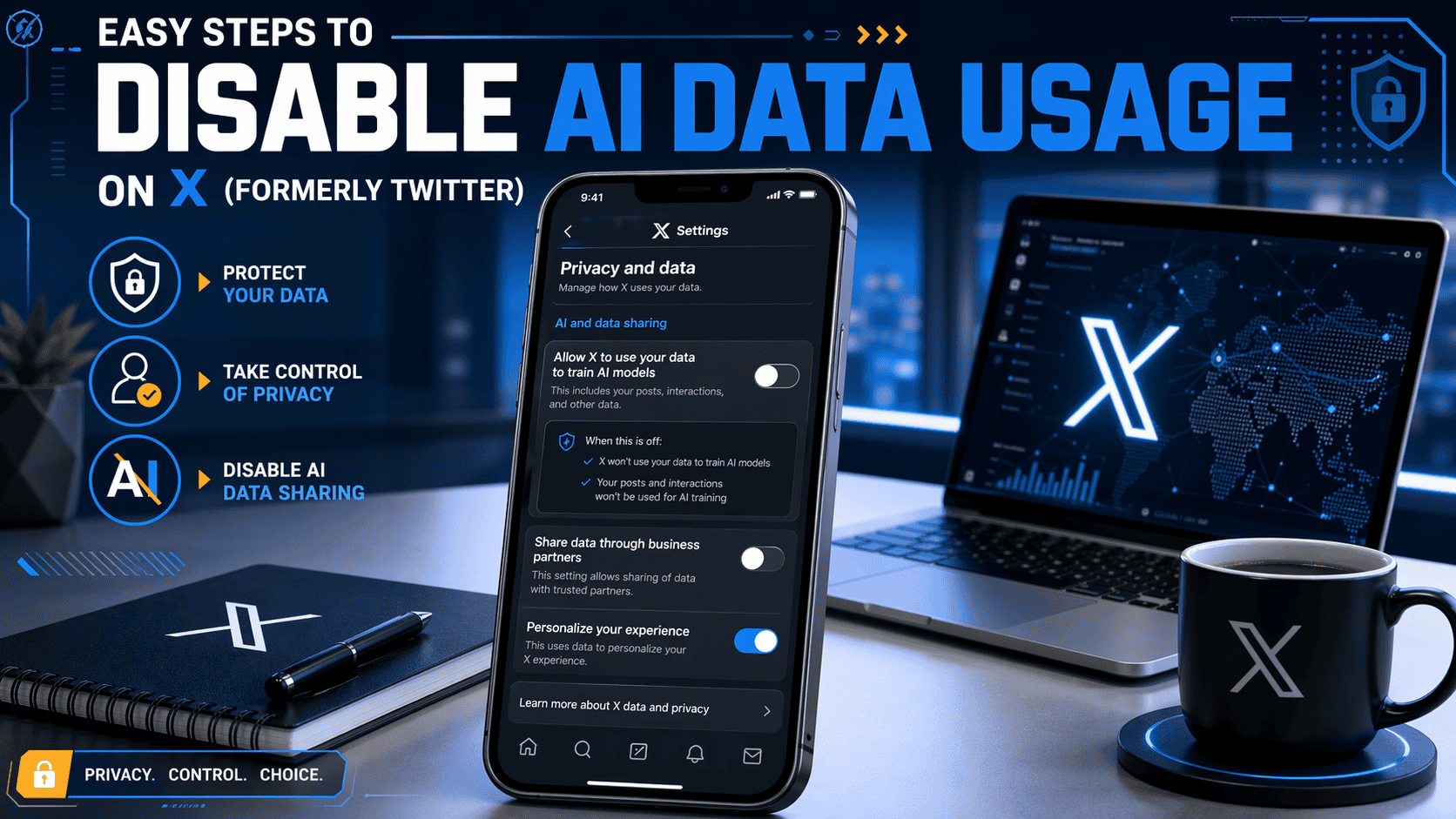 A sleek, modern image of a smartphone screen showing the Twitter (X) app with settings to disable AI data usage. The background features a clean, minimalist desk setup with a laptop, coffee cup, and notepad. The title "Easy Steps to Disable AI Data Usage on X (formerly Twitter)" is prominently displayed at the top. The color scheme is blue and white, reflecting Twitter's branding.