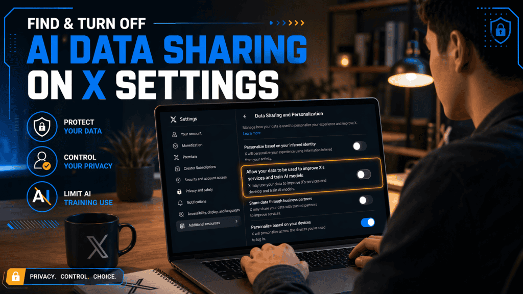 A person using a laptop in a modern office setup with warm ambient lighting. The laptop screen shows X (formerly Twitter) in the "Data Sharing and Personalization" section, highlighting the option "Allow your data to be used to improve X’s services and train AI models". The background features contemporary office decor with realistic details, emphasizing the screen content in clear focus.