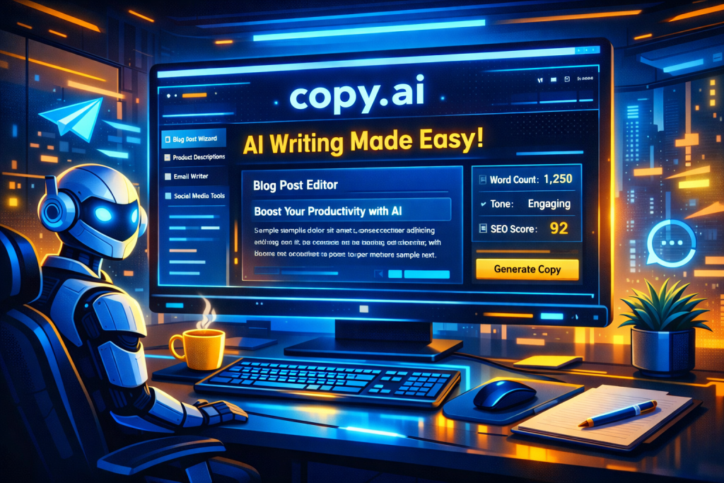 Futuristic AI writing workspace with Copy.ai dashboard, glowing text, sleek blue productivity theme