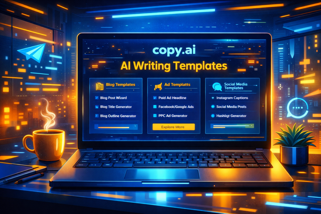 Clean laptop screen showing AI writing templates for blogs, ads, and social posts