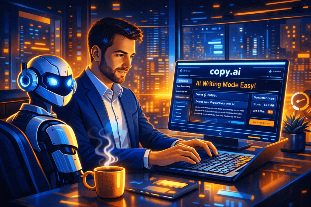 Professional marketer using AI assistant to generate fast, polished copy in office