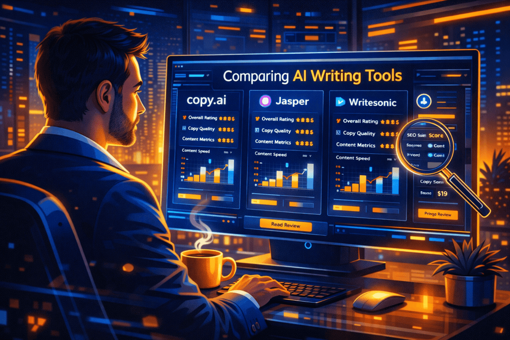 User comparing AI writing tools on modern dashboard with Copy.ai charts and content metrics
