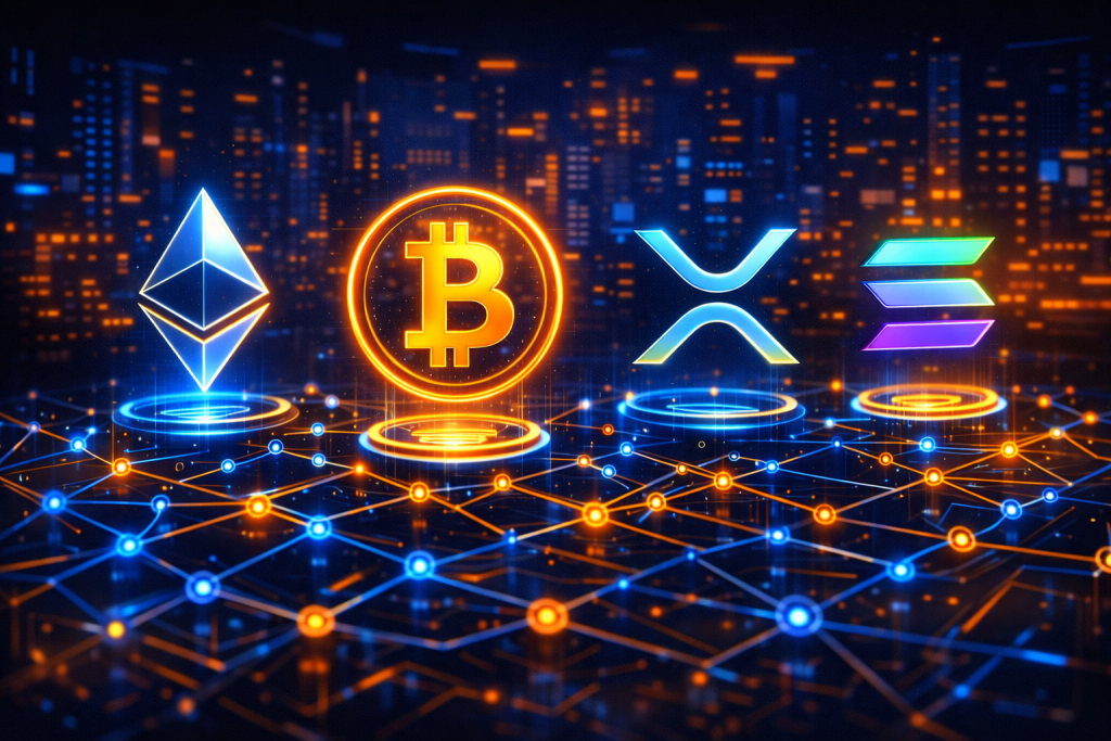 Futuristic cryptocurrency comparison scene featuring Ethereum, Bitcoin, XRP, and Solana glowing above blockchain network