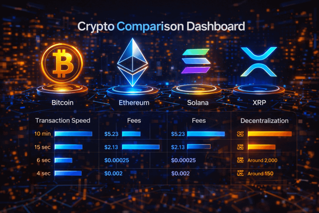 Side-by-side crypto dashboard comparing transaction speed, fees, and decentralization across major coins
