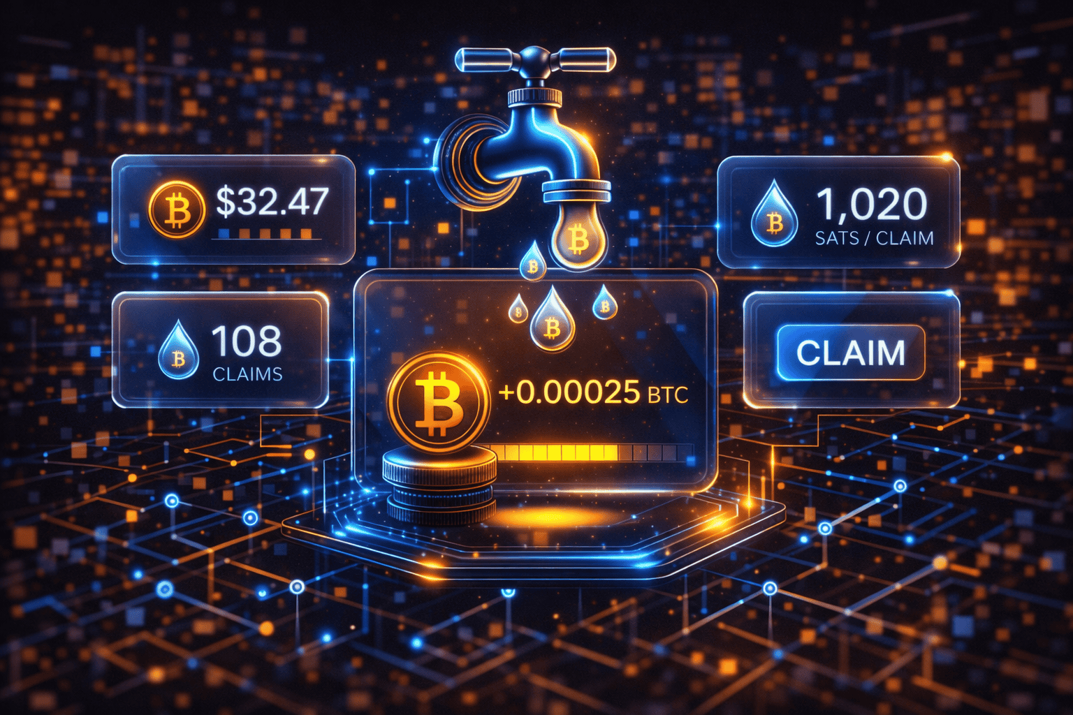 Futuristic crypto faucet dashboard with Bitcoin rewards, digital droplets, and glowing blockchain interface