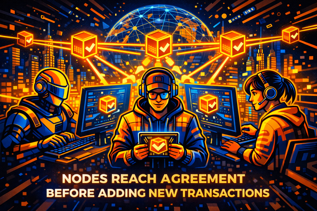 Network nodes reaching Consensus Mechanisms agreement before adding new transactions.