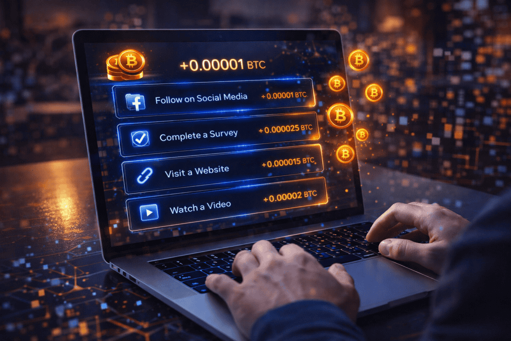 Beginner completing simple crypto faucet tasks on laptop with small coin rewards appearing