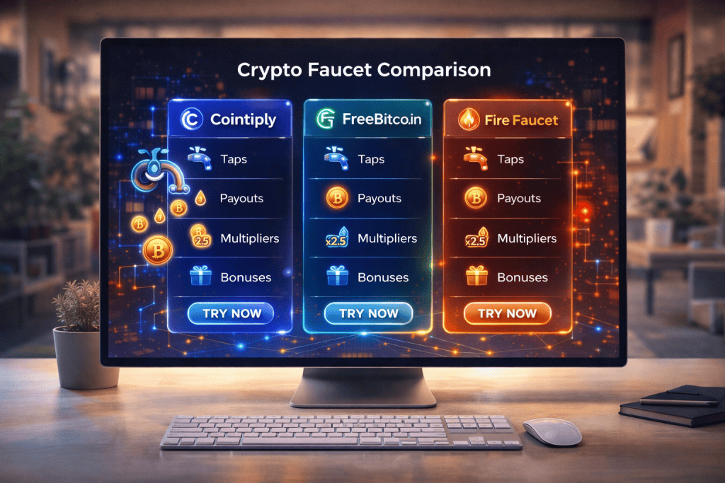 Modern crypto faucet comparison screen showing Cointiply, FreeBitco.in, and Fire Faucet features