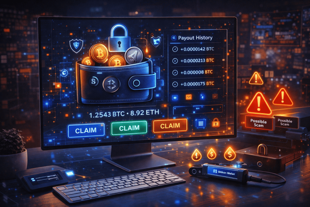 Secure cryptocurrency workspace with wallet, claim buttons, payout history, and scam warning symbols