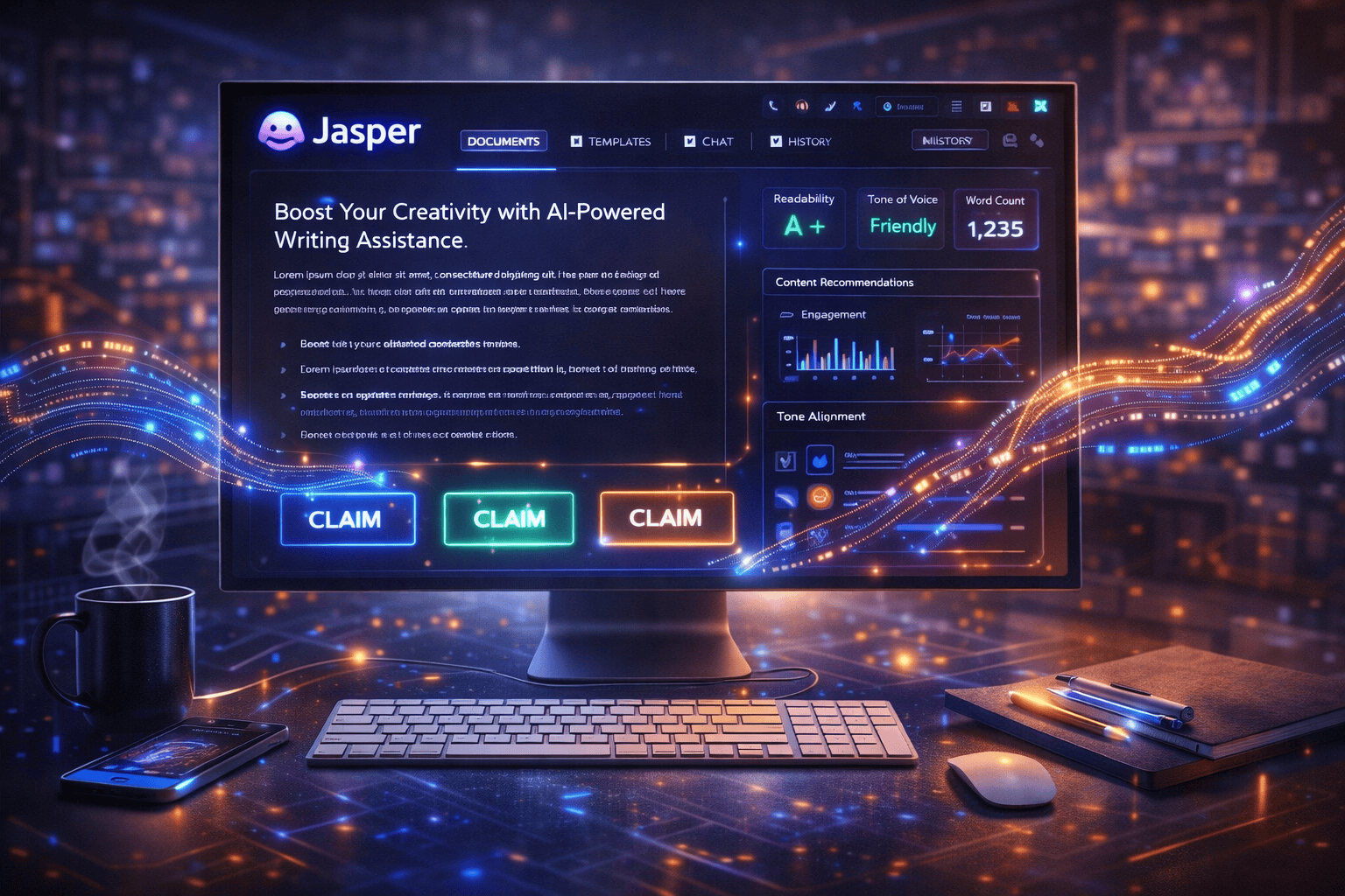 Futuristic AI writing workspace with Jasper dashboard, glowing text streams, and premium productivity atmosphere