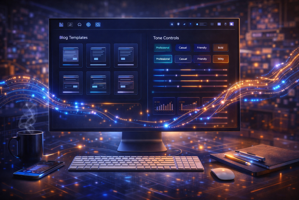 Sleek content creation dashboard showing blog templates, tone controls, and organized writing tools