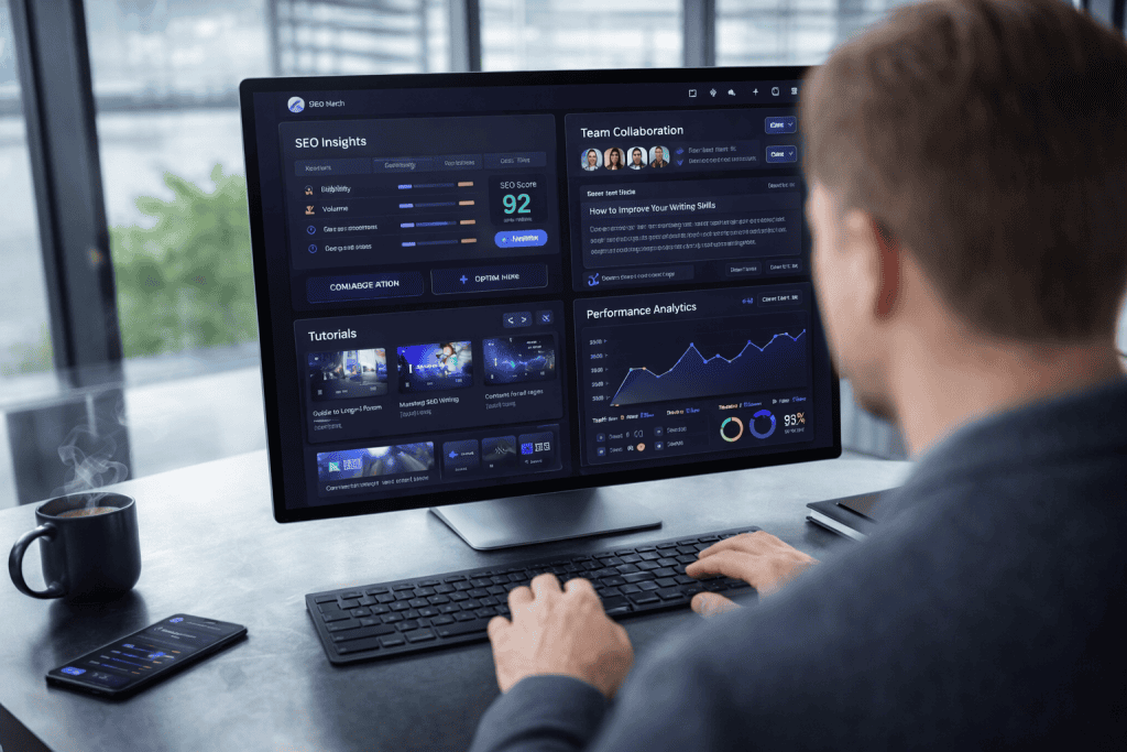AI content platform displaying SEO insights, team collaboration tools, tutorials, and performance analytics