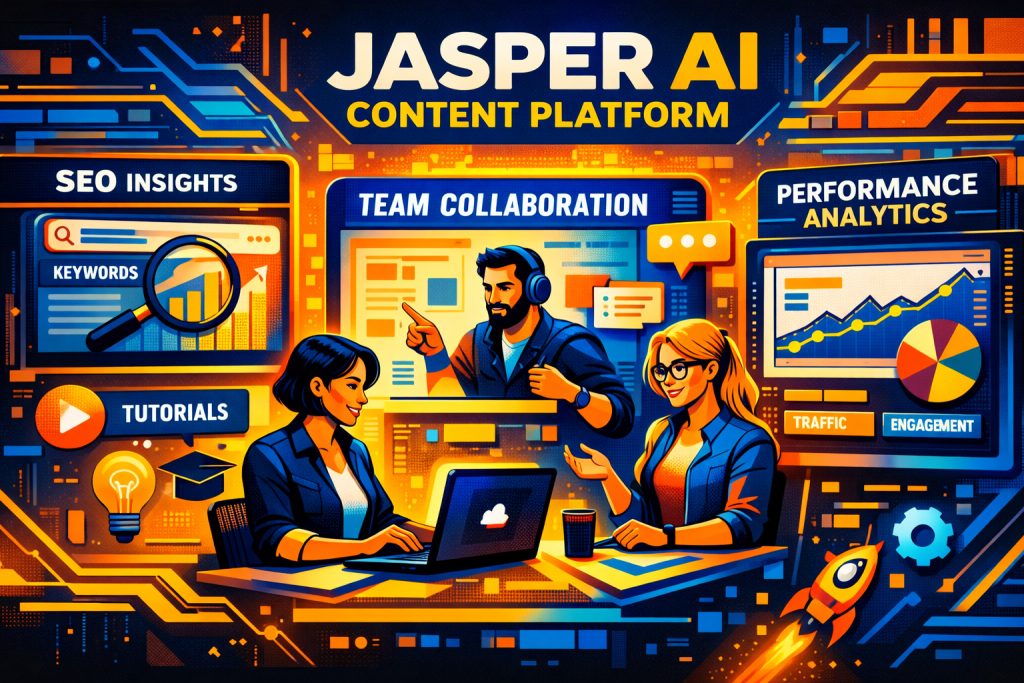 Jasper AI content platform displaying SEO insights, team collaboration tools, tutorials, and performance analytics